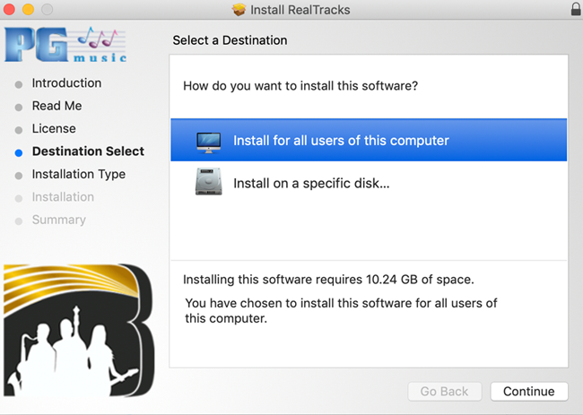 RealTracks install - destination select