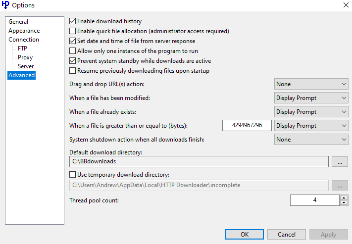 HTTP Downloader - settings dialog