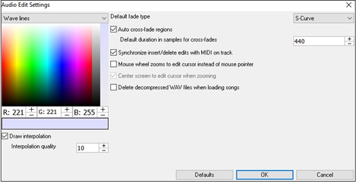 Audio Edit Settings dialog