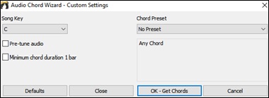 Audio Chord Wizard Custom Settings dialog