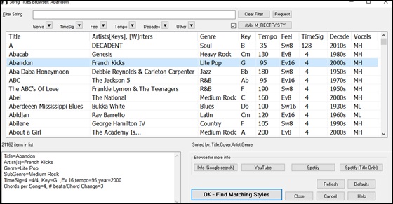 Song Titles Browser window