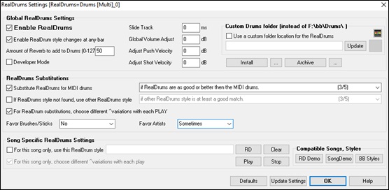 RealDrums Settings dalog