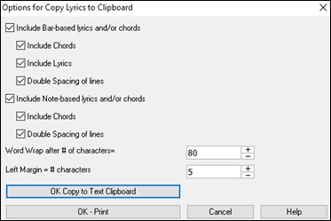 Options for Copy Lyrics to Clipboard dialog