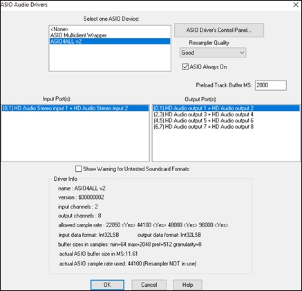 ASIO Audio Drivers dialog